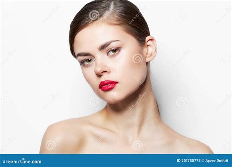 Attractive Woman Nude Shoulders Red Lips Clear Skin Stock Image Image Of Glamour Lipstick