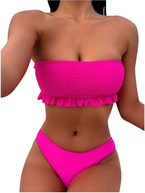 Bandeau Bikini Schulterfrei Hohe Taille Badeanzug Hoher Schnitt