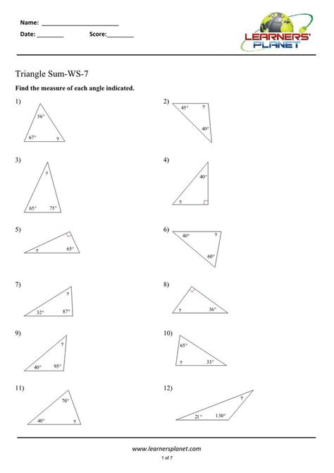 Triangle Angle Sum Worksheet E Street Light