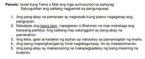 Panuto Isulat Kung Tama O Mali Ang Mga Sumusunod Na Pahayag