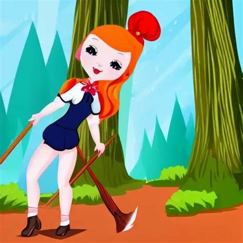 A Blonde Doll With A Red Ponytail With A Witch S Broom In The Forest