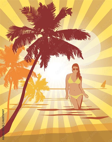 Girl In Bikini On A Tropical Beach Vector Illustration Stock Vector Adobe Stock