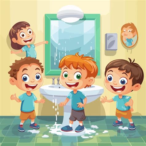 happy kids  bathroom cartoon vector illustration premium ai
