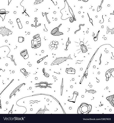 Fishing Seamless Pattern In Doodle Style Vector Image