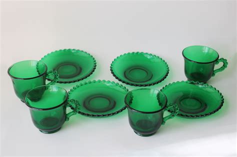 Forest Green Evergreen Color Candlewick Pattern Tea Cups And Saucers