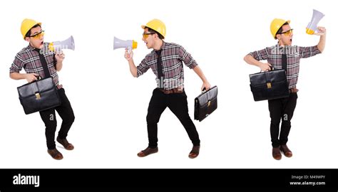 Young Construction Worker With Loudspeaker Isolated On White Stock
