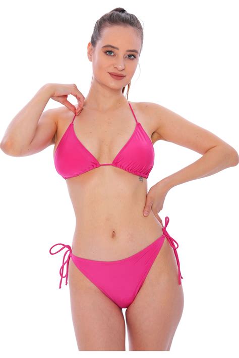 Düz İpli Bağlı Üçgen Bikini Pembe MayoDenizi