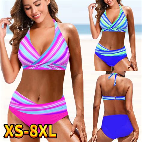 Women Sexy High Waist Bikini Set Female Loose Rainbow Print Swimsuit Monokini Summer Two