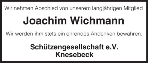 Traueranzeigen Von Joachim Wichmann Az Trauer De