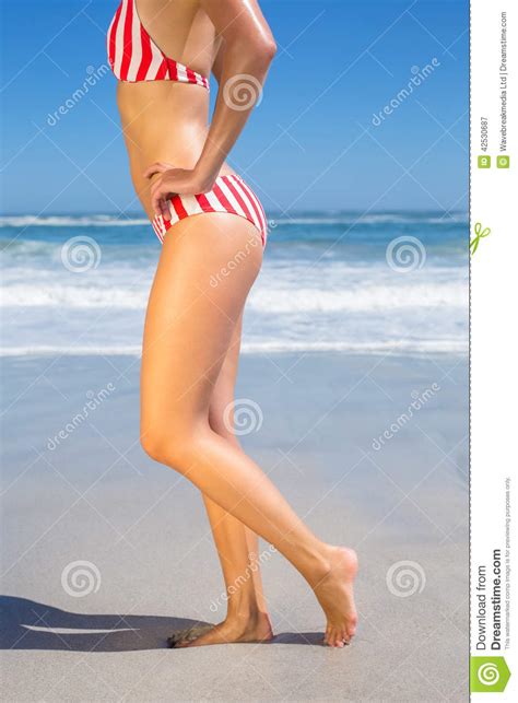 Mittlerer Abschnitt Der Sitzfrau Im Bikini Auf Dem Strand Stockbild