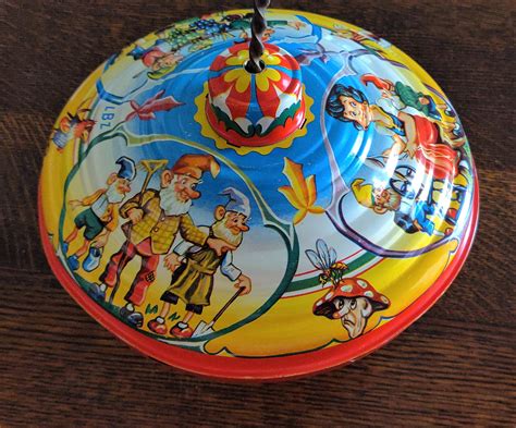 Vintage 1950s Lbz West Germany Spinning Top Tin Litho With Wood Handle