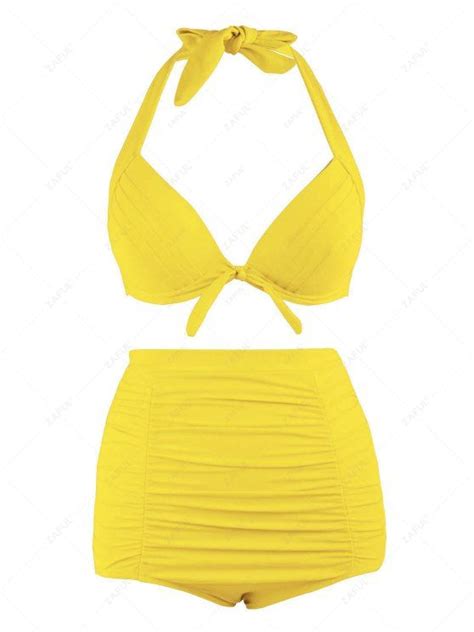 2018 Plus Size Halter Vintage High Waist Bikini Swimwear In YELLOW 4XL ZAFUL