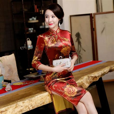 Djgrster Summer Cheongsam Vintage Chinese Women Elegant Dress Silk