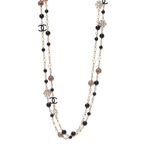 CHANEL Pearl Crystal Bead CC Long Necklace Black Silver 1073402