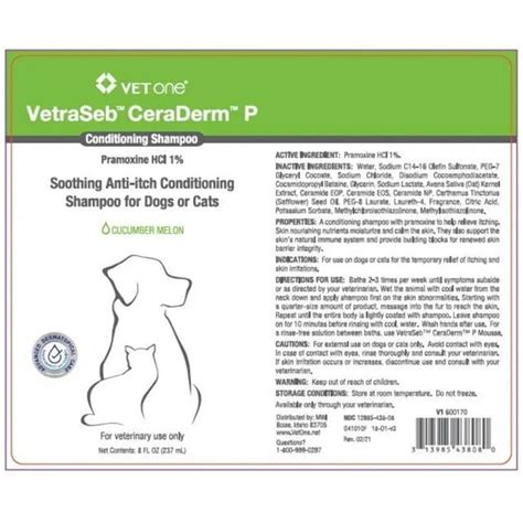 Vetone Vetraseb Ceraderm P Conditioning Shampoo For Dogs Or Cats 8 Oz