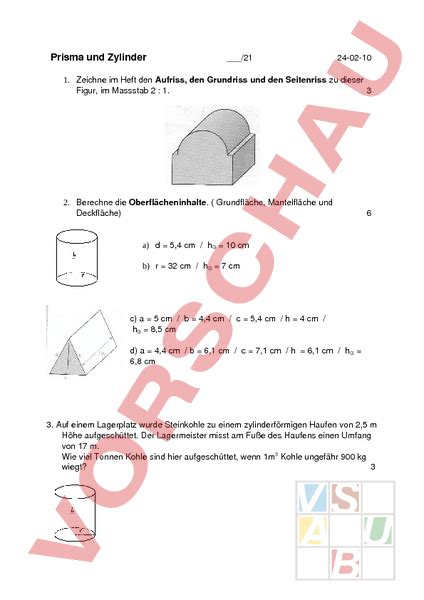 Arbeitsblatt Prisma und Zylinder Geometrie Körper Figuren