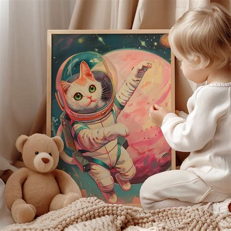 Cat Astronaut Wall Art Poster Or Canvas Print Tabby Cat Astronaut Cat