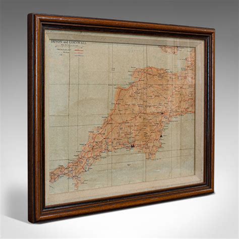 Vintage Framed Map, English, Mahogany, Illustrated, Devon, Cornwall ...