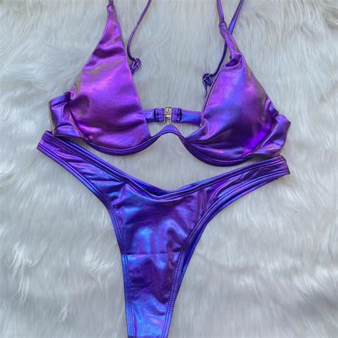 Sexy Triangle Bikini 2022 Holographic Blue Push Up Extreme Thong Swimwear Brazilian Bandage