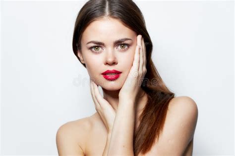 Brunette Bright Nude Shoulders Red Lips Charm Hands On Face Makeup Stock Photo Image Of
