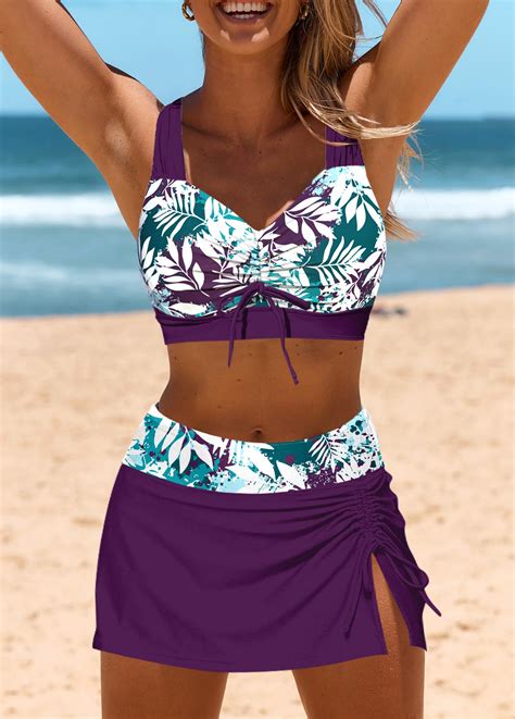 Drawstring Mid Waisted Leaf Print Purple Bikini Set Modlily USD