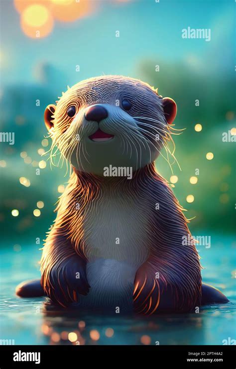 Portrait of a cute baby sea otter. Digital art 3D illustration in the style of animation Stock ...