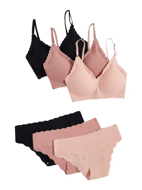 Verdusa Women S 6 Piece Scalloped Seamless No Show Bra And Panty Lingerie Sets Nude Pink Black