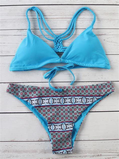 Turquoise Printed Strappy Back Triangle Bikini Set SheIn Sheinside