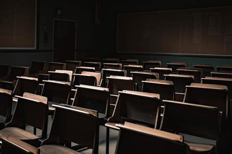 Sala De Aula Vazia Fileiras De Cadeiras De Madeira E Quadro Negro