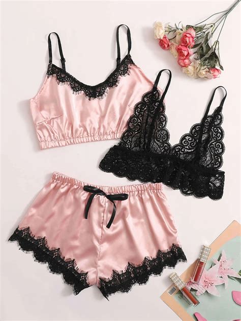 Trio Baby Doll Lingerie Cetim E Renda Delicado Maria Millu