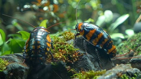 Two Madagascar Hissing Cockroaches in a Terrarium. Insects on a Mossy ...