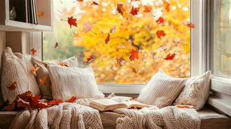 cozy autumn window seat  book pillows  falling leaves stock