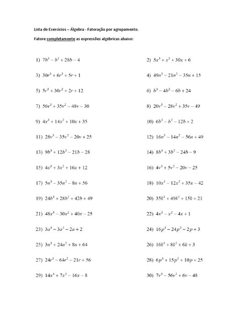 Lista De Exercícios Fatoração Pdf - Lista de Exercícios - Fatoração Por Agrupamento | PDF