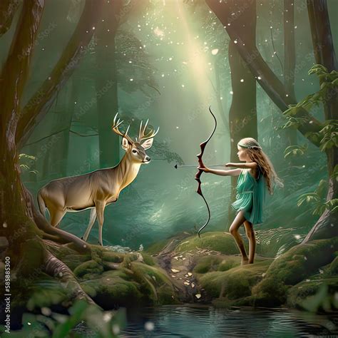 Une petite elfe blonde qui chasse à l arc dans la foret Un cerf majestueux la regarde Stock