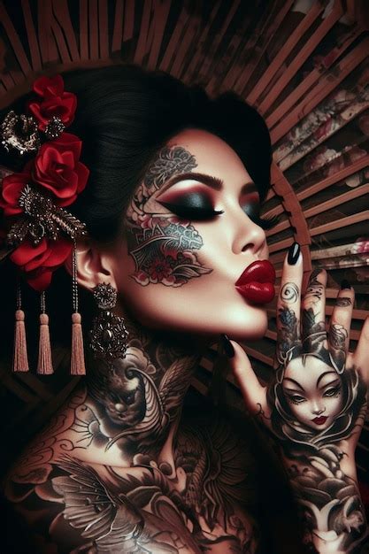 Premium AI Image Portrait Of Sexy Latina Woman Face Tatoo Geisha Look Bun Hairstyle Strong