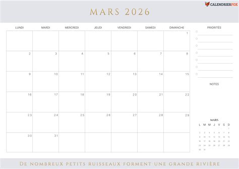 Calendrier Mars 2026 à Imprimer PDF Gratuit