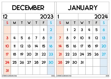 Free December January Calendar Printable Two Month