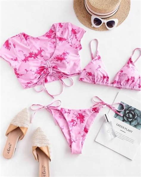 Emmiol Free Shipping Tie Dye Short Sleeve Drawstring Three Piece Triangle Bikini Pink S In