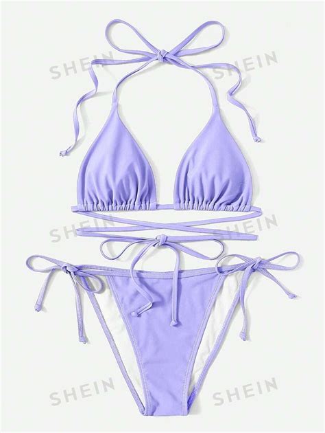 Shein Swim Basics Solid Triangle Tie Side Bikini Swimsuit Shein Uk