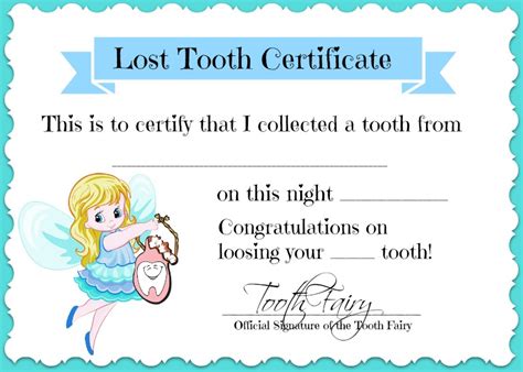 Printable Tooth Fairy Certificate