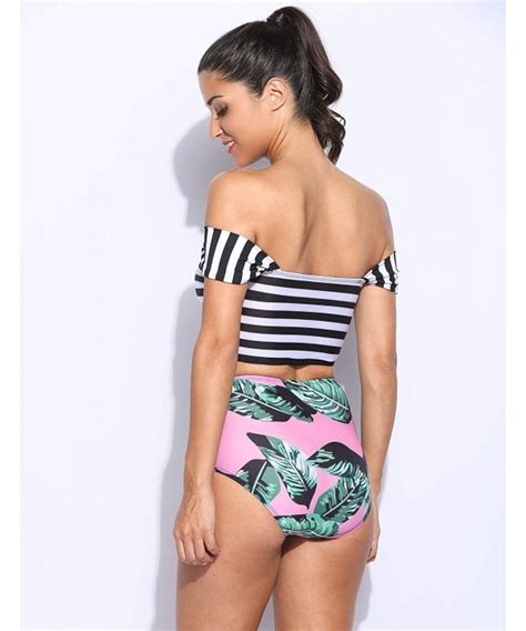 Women Two Pieces Floral Print Off Shoulder Bikini Black White Cp Nzd H
