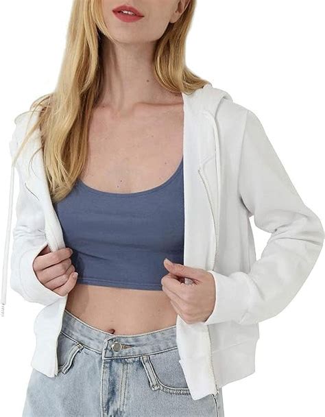 Amazhiyu Womens Cropped Zip Up Hoodie Long Sleeves With Drawstring Hooded Cotton Crop Tops