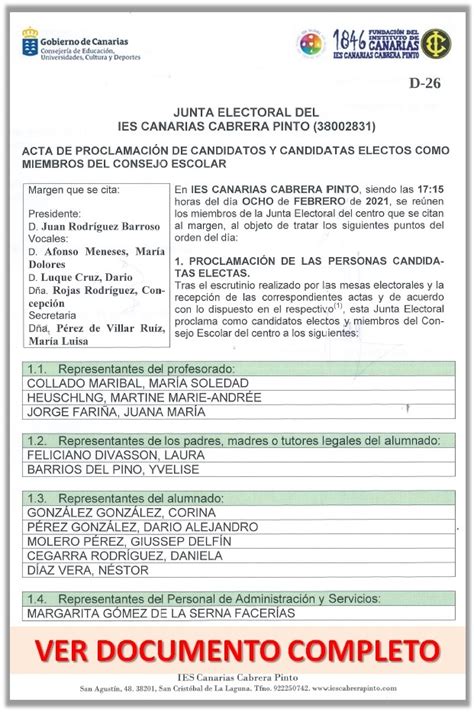 IES Canarias Cabrera Pinto PROCLAMACIÓN CANDIDATOS CONSEJO ESCOLAR