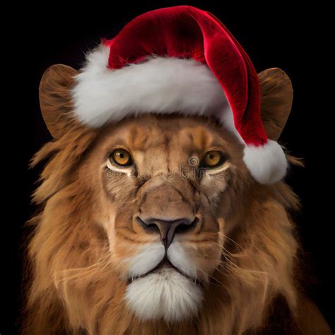 Ai Generated Illustration Of A Lion Wearing A Christmas Hat Stock