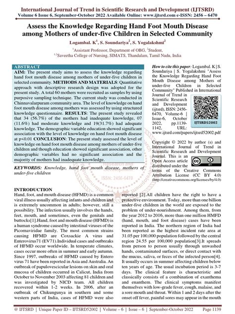 Assess The Knowledge Regarding Hand Foot Mouth Disease Among Mothers of ...