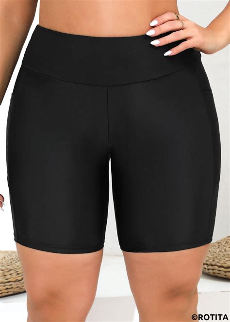 Rotita Black High Waisted Pocket Swim Shorts Rotita Usd