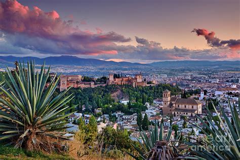 The alhambra Palace and Albaicin. Cloudy sunset. Granada. Spain ...