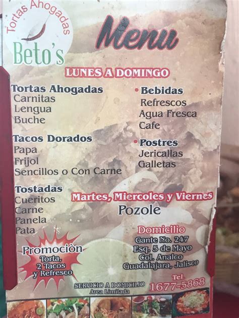 Menu At Tortas Ahogadas Beto S Analco Guadalajara Restaurant