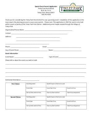 Fillable Online Special Event Permit Application Tinley Park Park