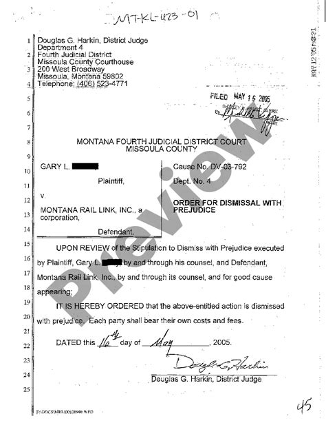 Montana Order For Dismissal With Prejudice Us Legal Forms